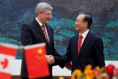 Prime Minister Stephen Harper shakes hands with Wen Jiabao, Premier of the People's Republic of China, in the Great Hall of The People in Beijing, China. PMO photo by Jason Ransom.